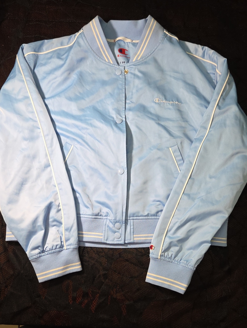 Champion Women's Light Blue Cropped Varsity Jacket with White Piping - XL